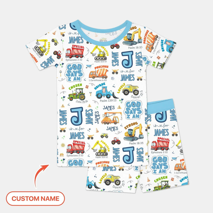 Personalized God Says I Am Construction Vehicules Two Piece Short Sleeve Shorts Pajama Set , Personalized God Says I Am Construction Vehicules Two Piece Short Sleeve Shorts Pajama Set - 12-18M