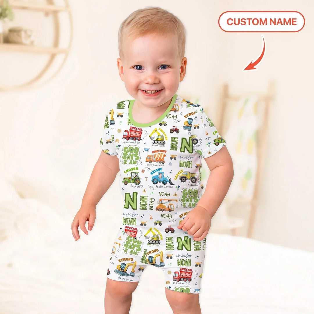 Personalized God Says I Am Construction Vehicules Two Piece Short Sleeve Shorts Pajama Set , Personalized God Says I Am Construction Vehicules Two Piece Short Sleeve Shorts Pajama Set - 12-18M