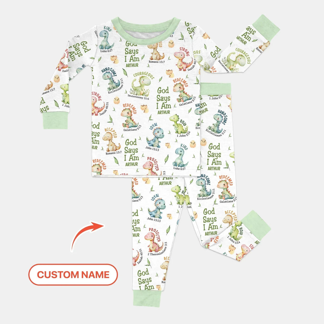 Personalized God Says I Am Dinosaur Two Piece Long Sleeve Pajama Set , Personalized God Says I Am Dinosaur Two Piece Long Sleeve Pajama Set - 12-18M