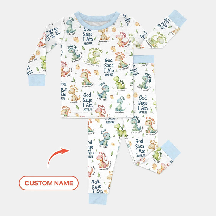 Personalized God Says I Am Dinosaur Two Piece Long Sleeve Pajama Set , Personalized God Says I Am Dinosaur Two Piece Long Sleeve Pajama Set - 12-18M