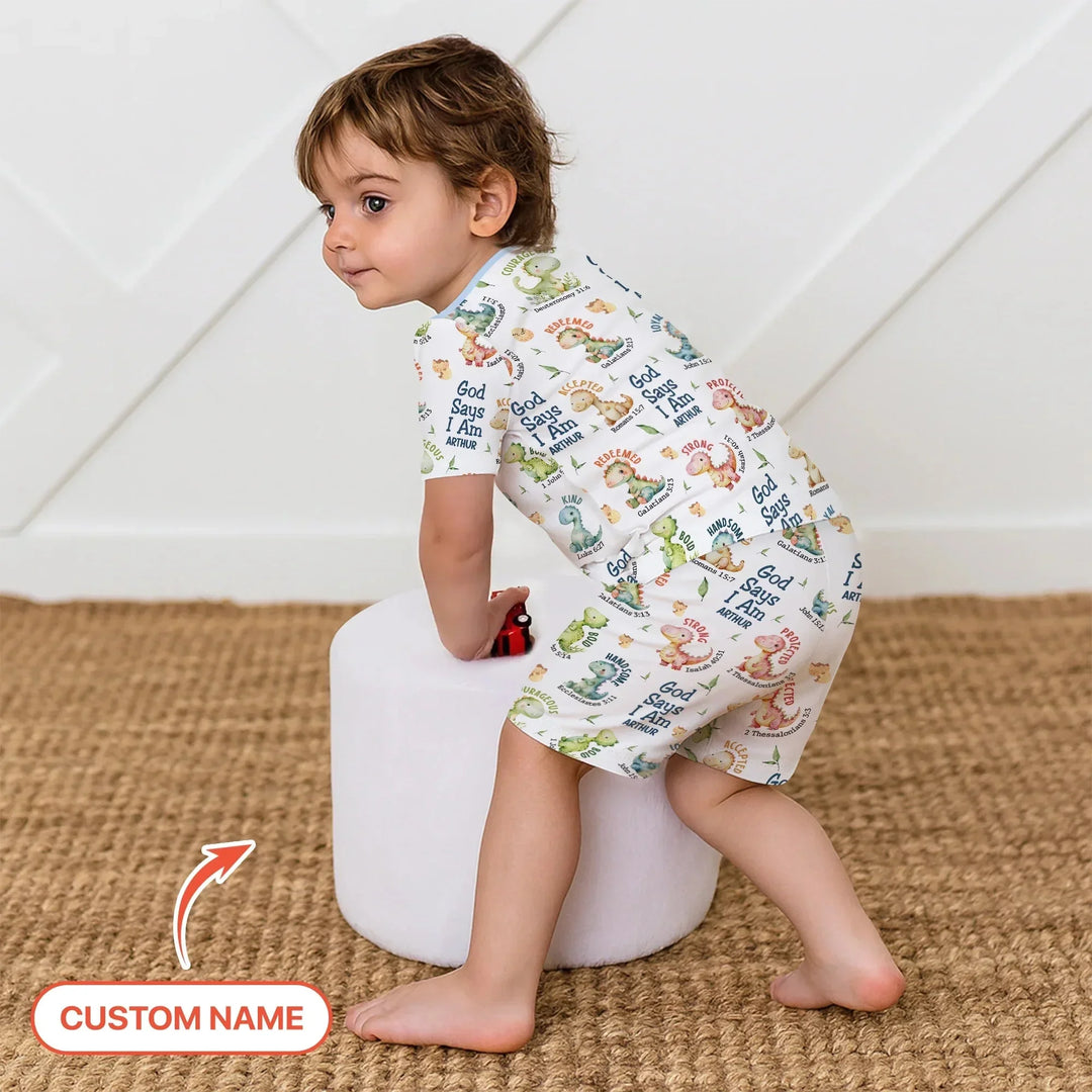 Personalized God Says I Am Dinosaur Two Piece Short Sleeve Shorts Pajama Set , Personalized God Says I Am Dinosaur Two Piece Short Sleeve Shorts Pajama Set - 12-18M