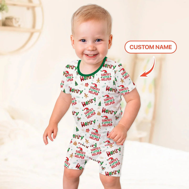 Personalized Santa's Little Helper Two Piece Short Sleeve Shorts Pajama Set , Personalized Santa's Little Helper Two Piece Short Sleeve Shorts Pajama Set - 12-18M