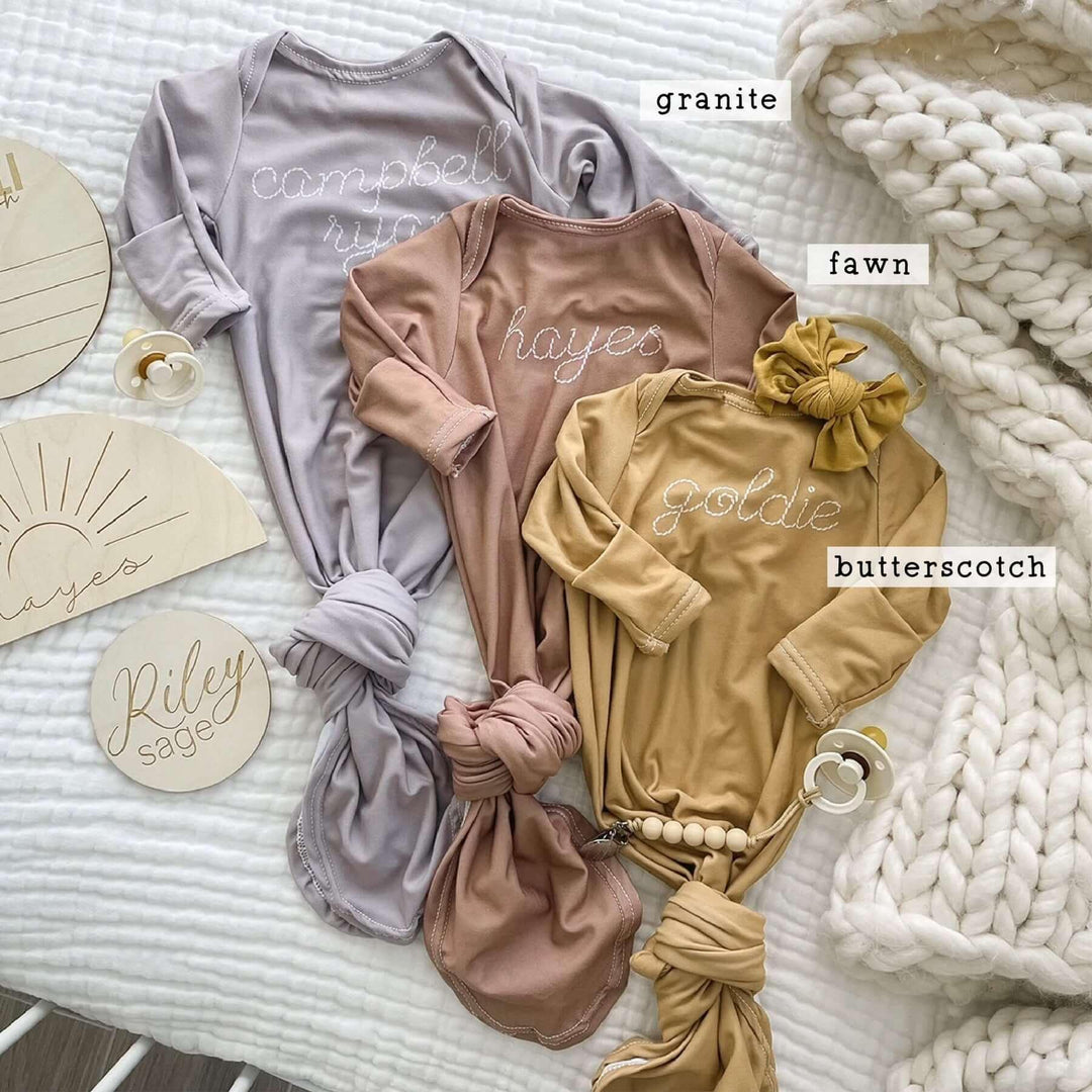 Personalized Stitched Baby Name Knot Gown , Personalized Stitched Baby Name Knot Gown - Granite