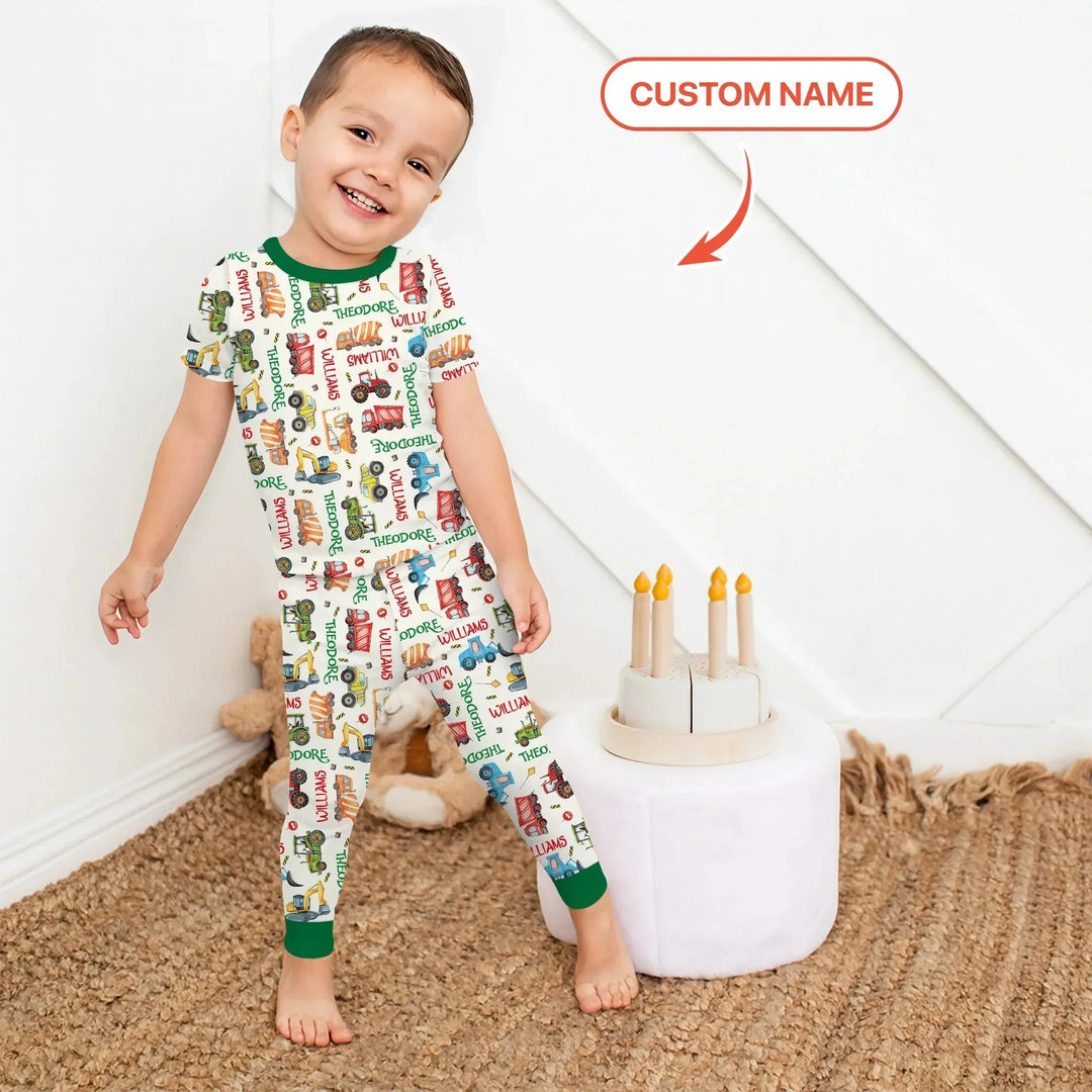 Personalized Tiny Trucks Parade Two Piece Short Sleeve Pajama Set , Personalized Tiny Trucks Parade Two Piece Short Sleeve Pajama Set - 12-18M