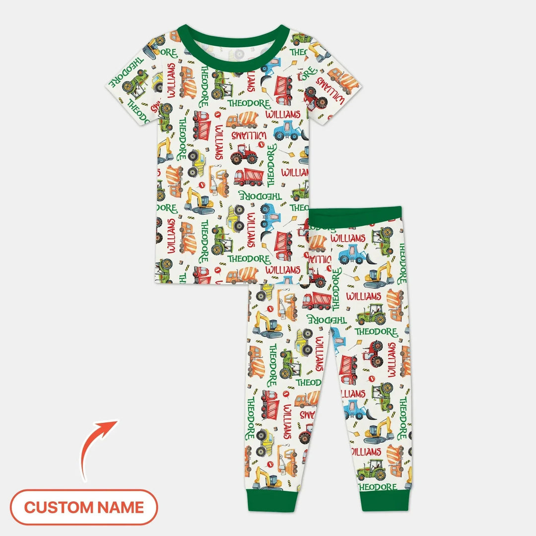 Personalized Tiny Trucks Parade Two Piece Short Sleeve Pajama Set , Personalized Tiny Trucks Parade Two Piece Short Sleeve Pajama Set - 12-18M