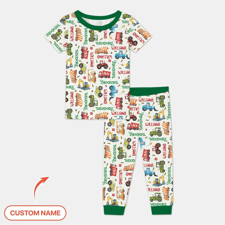 Personalized Tiny Trucks Parade Two Piece Short Sleeve Pajama Set , Personalized Tiny Trucks Parade Two Piece Short Sleeve Pajama Set - 12-18M