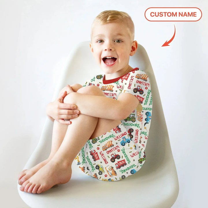 Personalized Tiny Trucks Parade Two Piece Short Sleeve Pajama Set , Personalized Tiny Trucks Parade Two Piece Short Sleeve Pajama Set - 12-18M