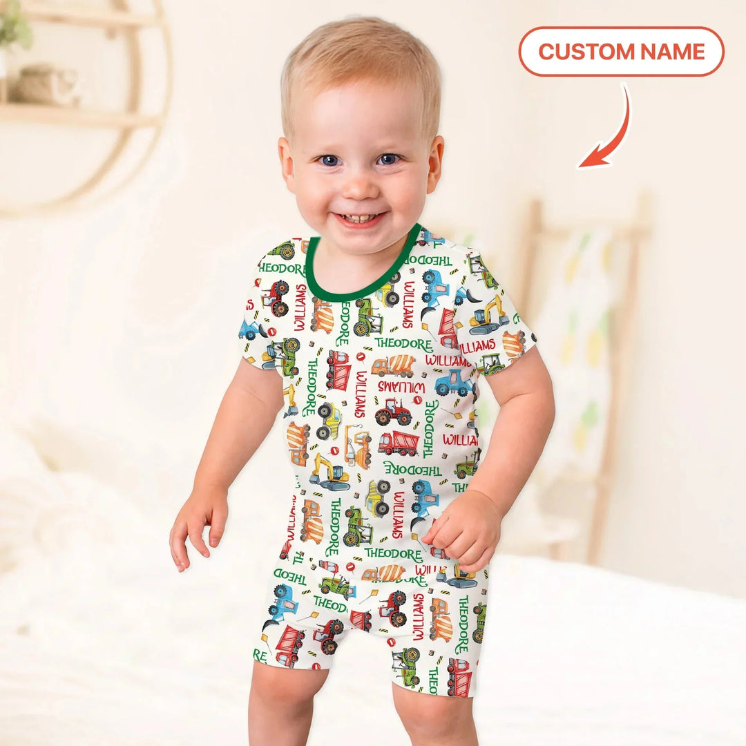 Personalized Tiny Trucks Parade Two Piece Short Sleeve Pajama Set , Personalized Tiny Trucks Parade Two Piece Short Sleeve Pajama Set - 12-18M
