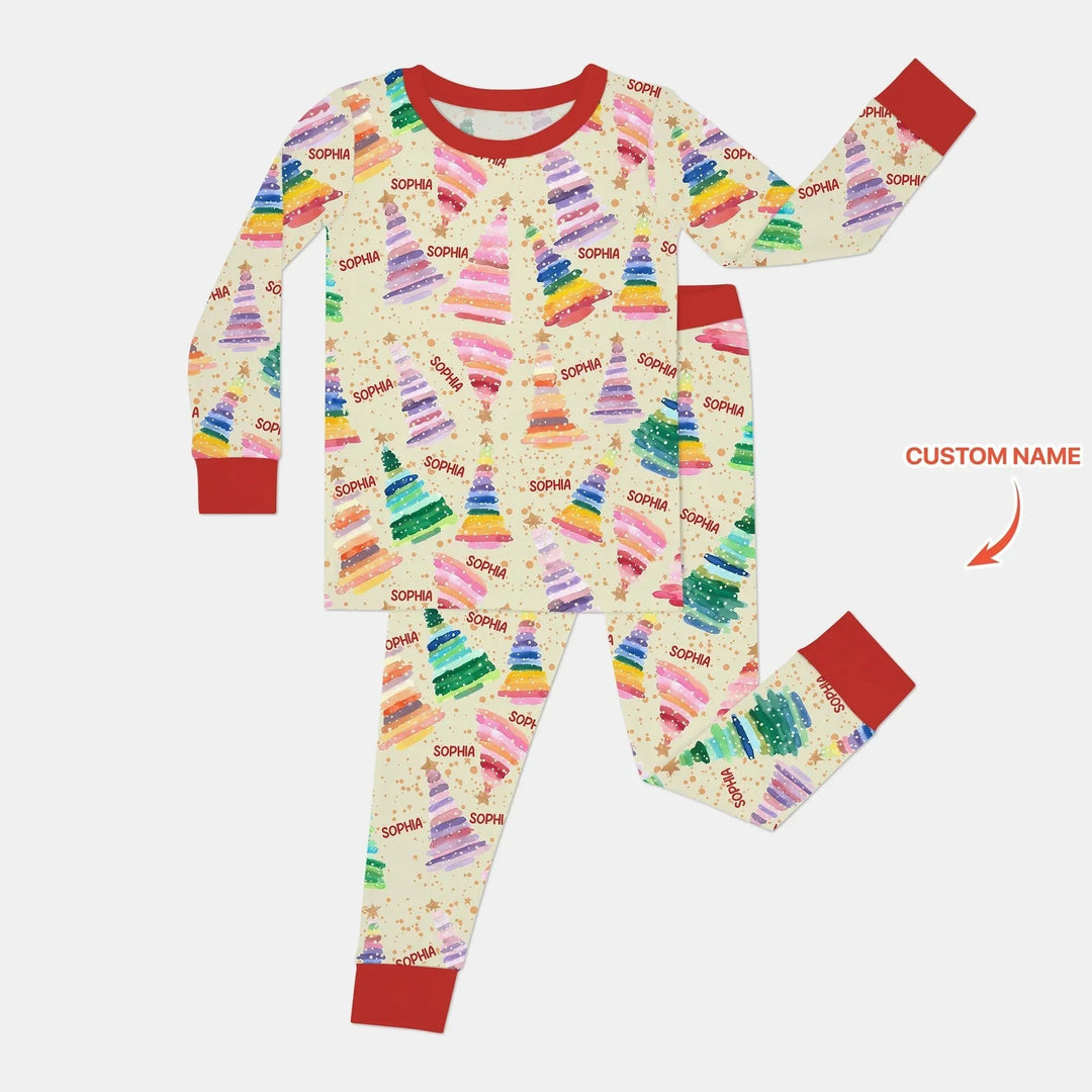 Personalized Twinkle Christmas Trees Two Piece Long Sleeve Pajama Set , Personalized Twinkle Christmas Trees Two Piece Long Sleeve Pajama Set - 12-18M