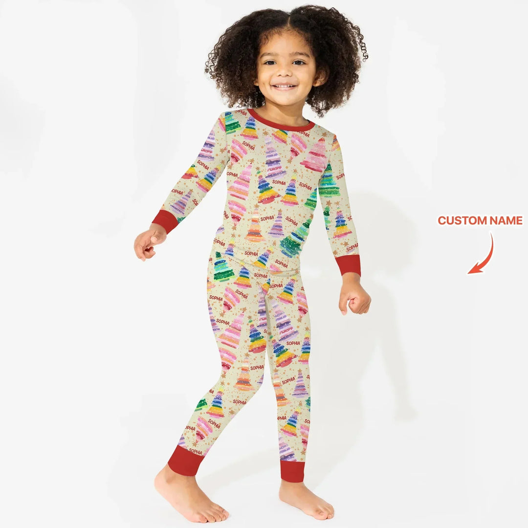 Personalized Twinkle Christmas Trees Two Piece Long Sleeve Pajama Set , Personalized Twinkle Christmas Trees Two Piece Long Sleeve Pajama Set - 12-18M