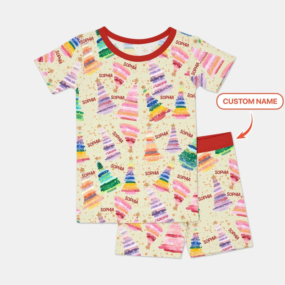 Personalized Twinkle Christmas Trees Two Piece Short Sleeve Shorts Pajama Set , Personalized Twinkle Christmas Trees Two Piece Short Sleeve Shorts Pajama Set - 12-18M