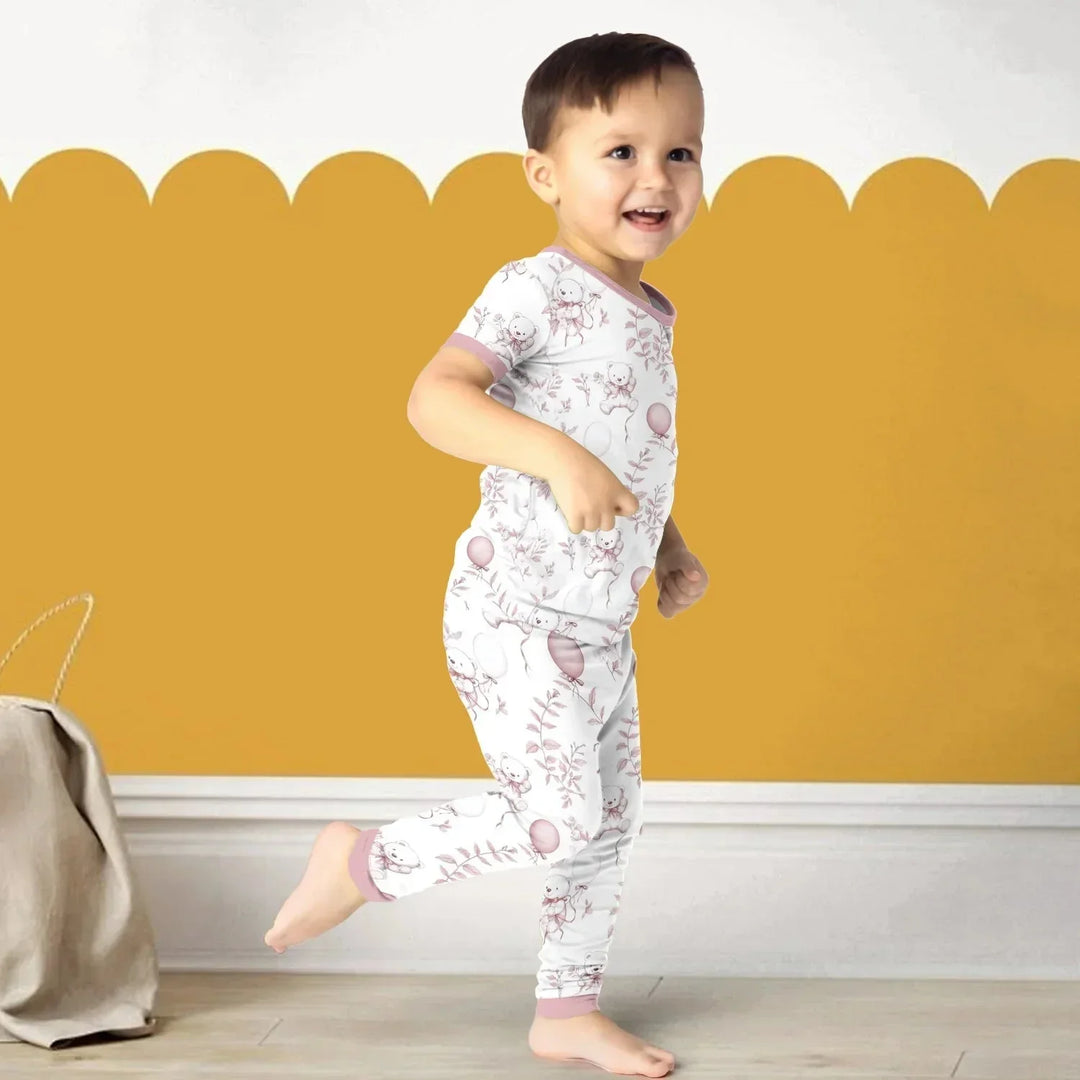 Pink Bear Toile de jouy Two Piece Short Sleeve Pajama Set , Pink Bear Toile de jouy Two Piece Short Sleeve Pajama Set - 12-18M