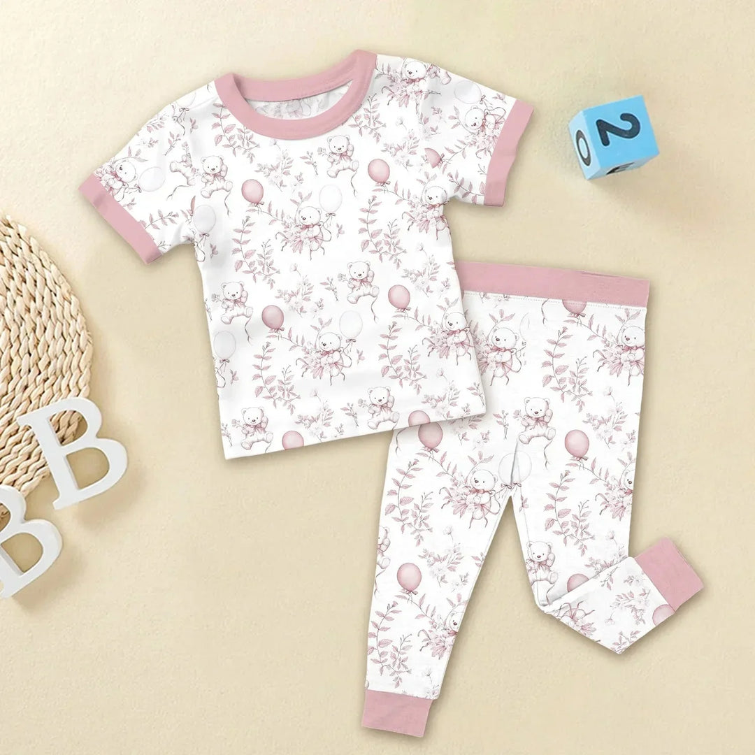 Pink Bear Toile de jouy Two Piece Short Sleeve Pajama Set , Pink Bear Toile de jouy Two Piece Short Sleeve Pajama Set - 12-18M