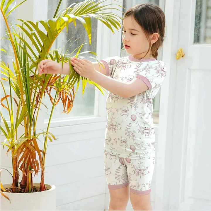 Pink Bear Toile de jouy Two Piece Short Sleeve Shorts Pajama Set , Pink Bear Toile de jouy Two Piece Short Sleeve Shorts Pajama Set - 12-18M