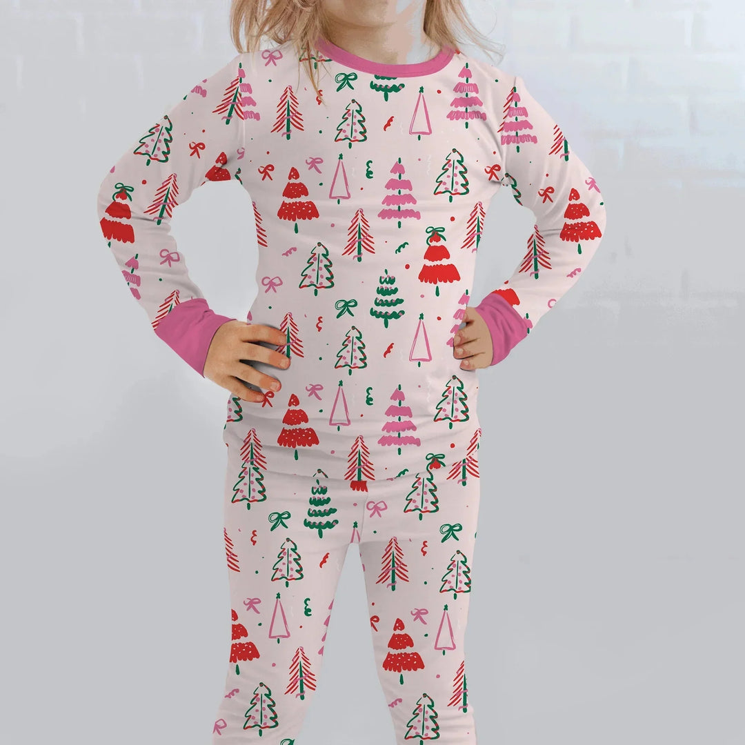 Pink Christmas Tree Farm Two Piece Long Sleeve Pajama Set , Pink Christmas Tree Farm Two Piece Long Sleeve Pajama Set - 12-18M