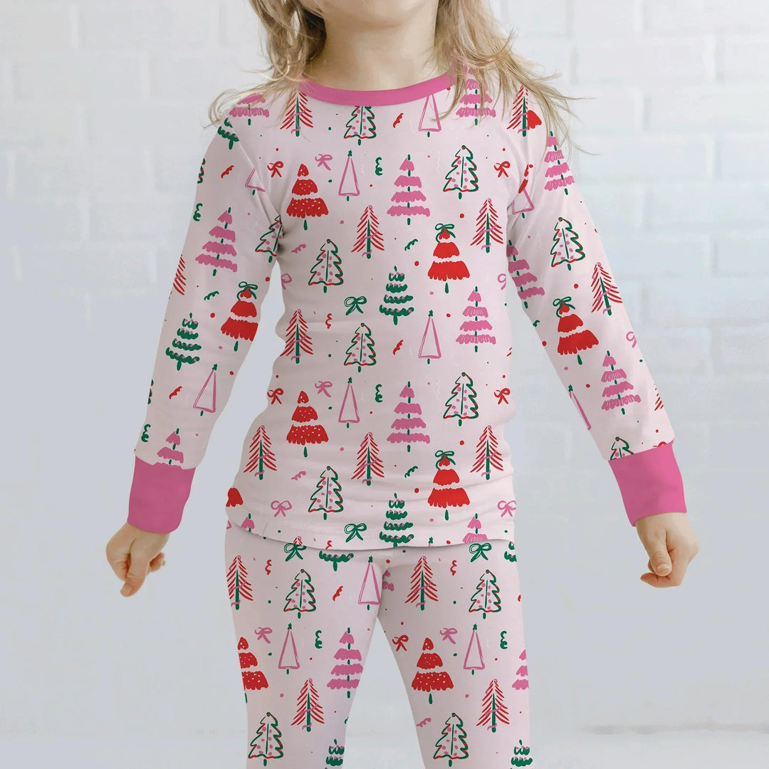 Pink Christmas Tree Farm Two Piece Long Sleeve Pajama Set , Pink Christmas Tree Farm Two Piece Long Sleeve Pajama Set - 12-18M