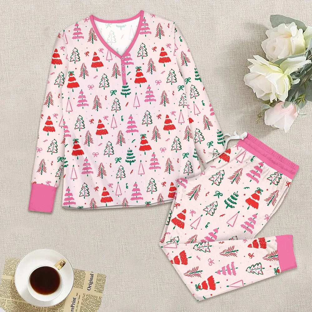Pink Christmas Tree Farm Women Pajama Set , Pink Christmas Tree Farm Women Pajama Set - Only Shirt / S