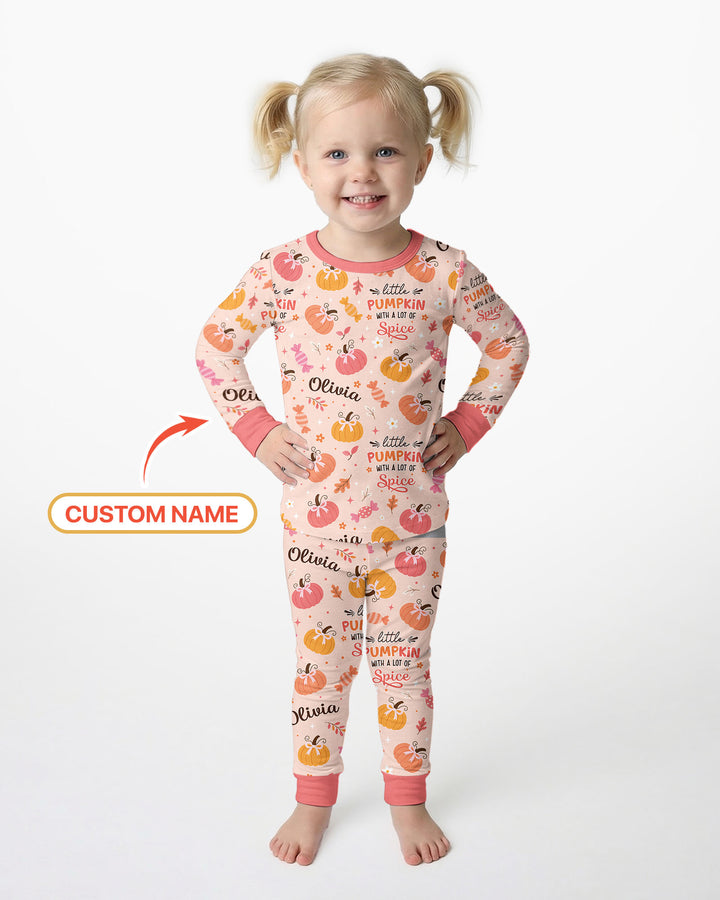 Custom Name Little Pumpkin With A Lot Of Spice Bamboo Two Piece Long Sleeve Pajama Set