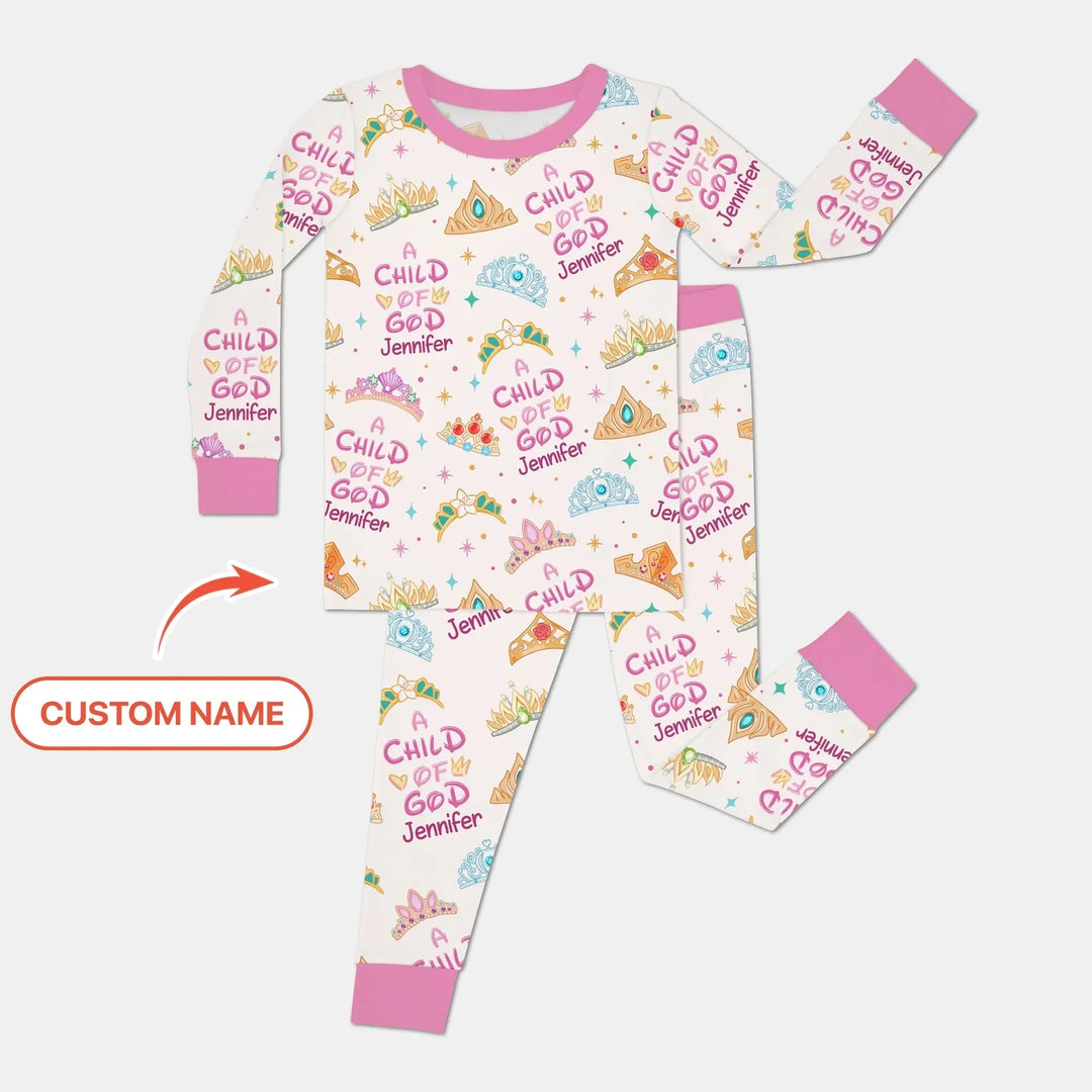 Princess A Child Of God Custom Name Two Piece Long Sleeve Pajama Set , Princess A Child Of God Custom Name Two Piece Long Sleeve Pajama Set - 12-18M