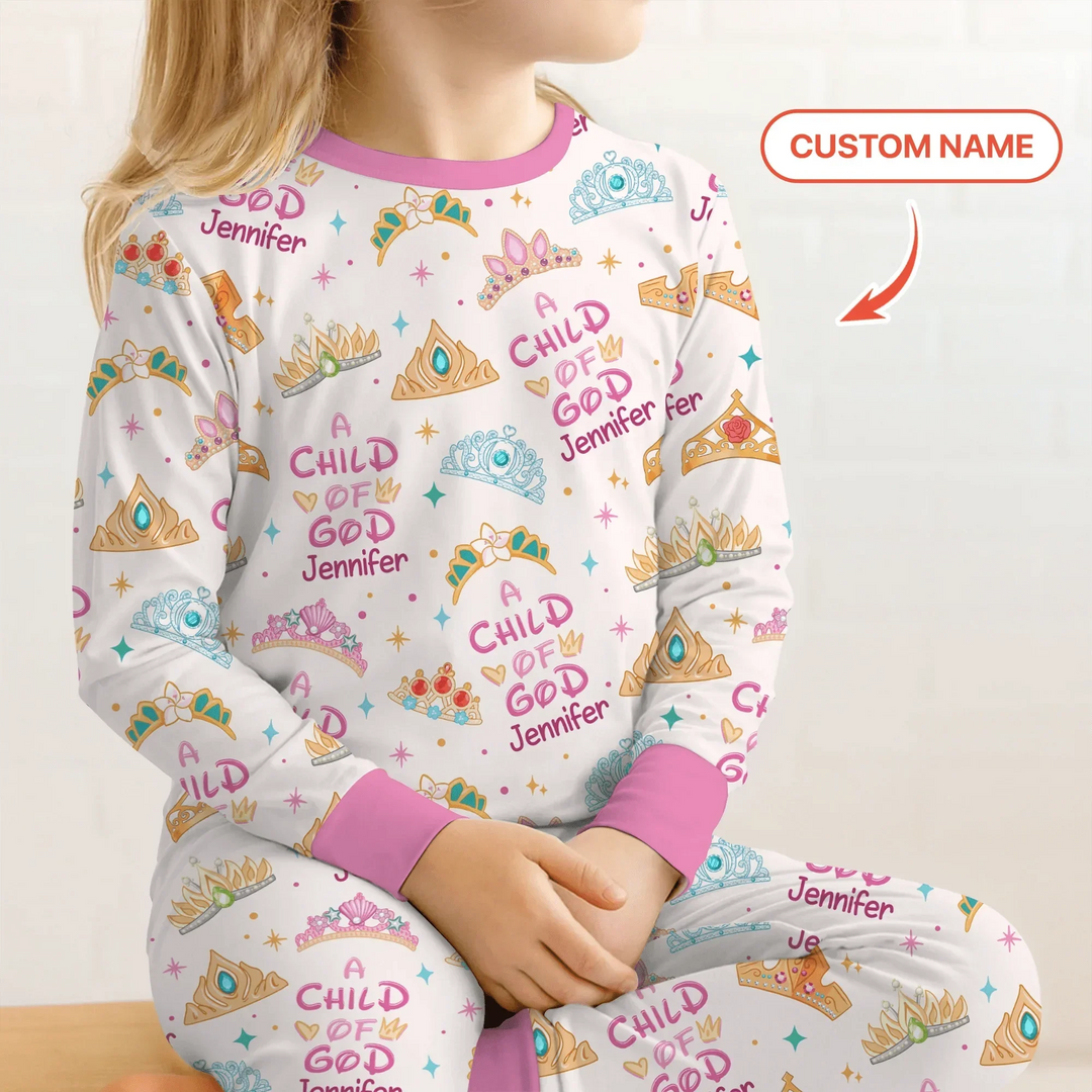 Princess A Child Of God Custom Name Two Piece Long Sleeve Pajama Set , Princess A Child Of God Custom Name Two Piece Long Sleeve Pajama Set - 12-18M