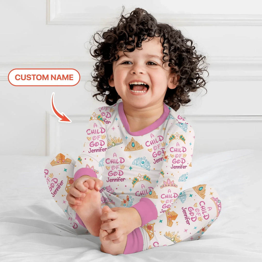 Princess A Child Of God Custom Name Two Piece Long Sleeve Pajama Set , Princess A Child Of God Custom Name Two Piece Long Sleeve Pajama Set - 12-18M