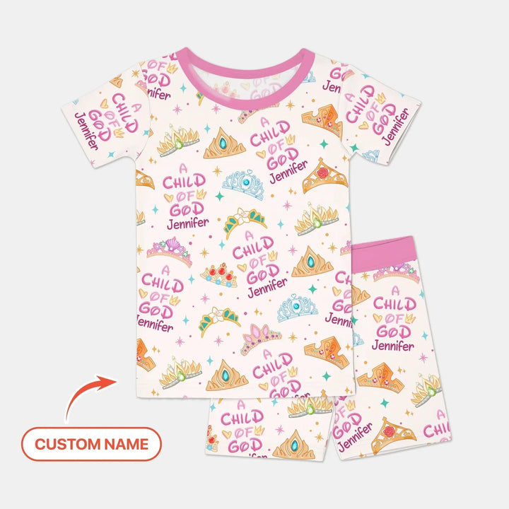 Princess A Child Of God Custom Name Two Piece Short Sleeve Shorts Pajama Set , Princess A Child Of God Custom Name Two Piece Short Sleeve Shorts Pajama Set - 12-18M