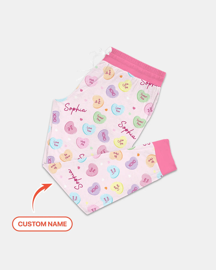Personalisierter Name Bunte Zuckerherzen Familien-Pyjama-Set für Damen aus Bambus