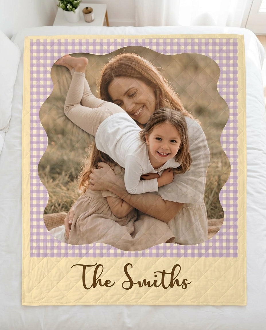 Custom Photo Gingham Family Bamboo Quilt Blanket