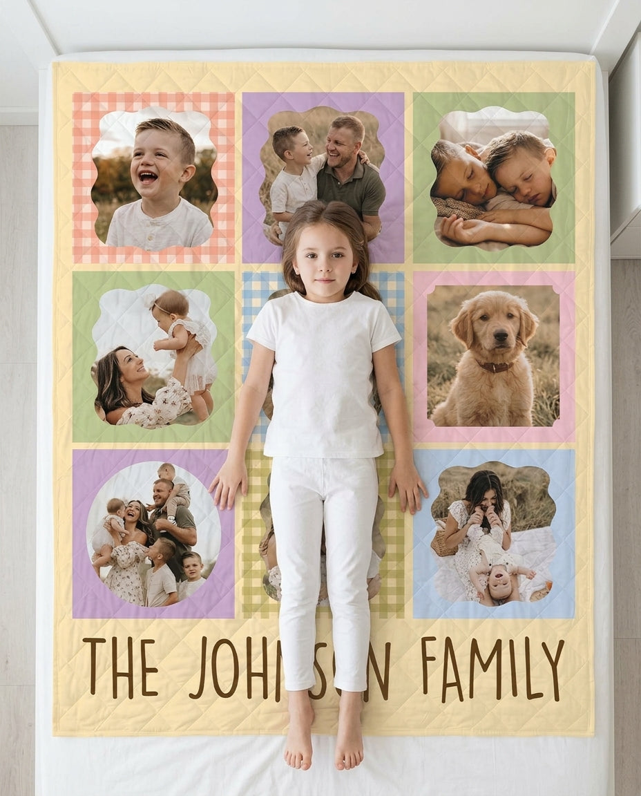 Custom Photo Gingham Family Bamboo Quilt Blanket