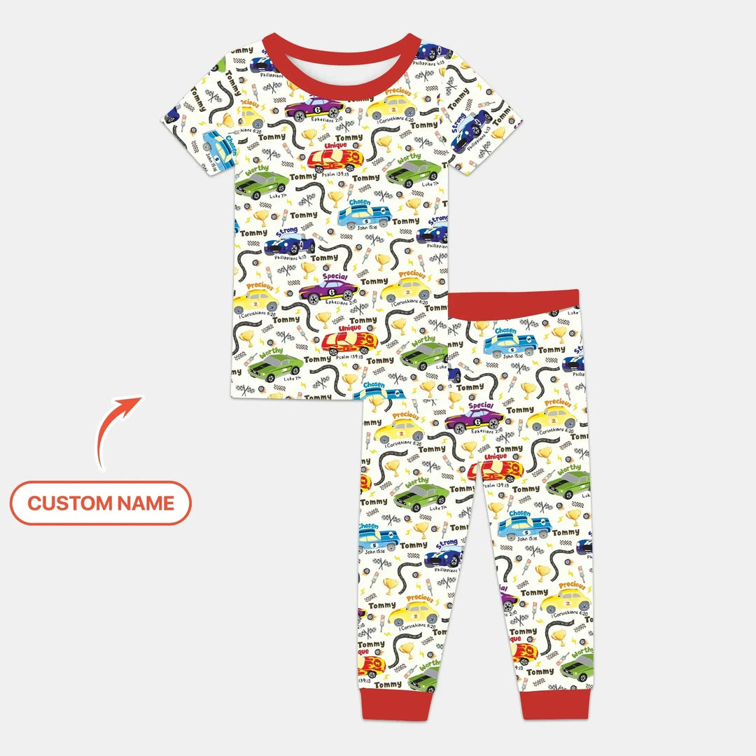 Racing Fun God Says I Am Custom Name Two Piece Short Sleeve Pajama Set , Racing Fun God Says I Am Custom Name Two Piece Short Sleeve Pajama Set - 12-18M