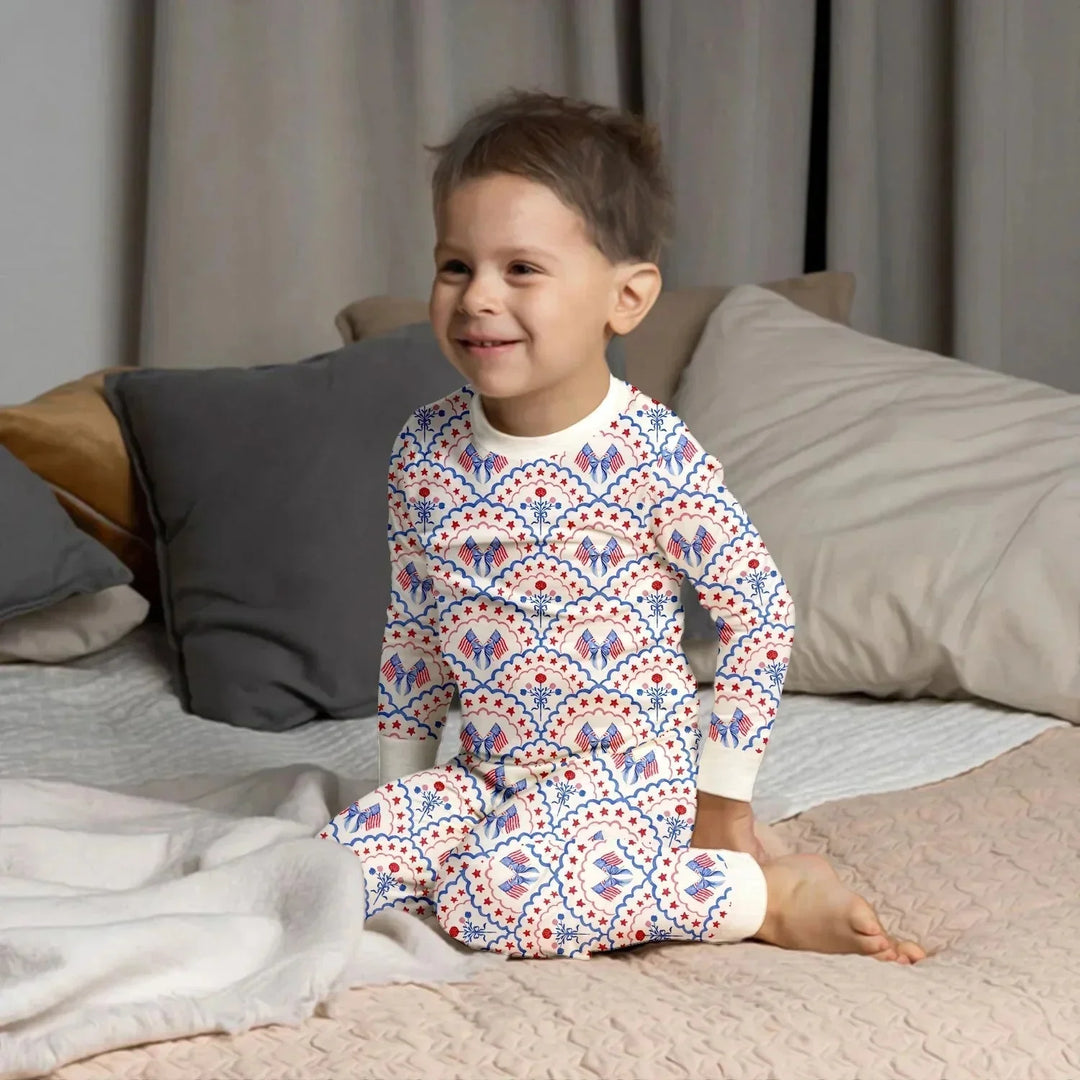 Red White and Blue Scalloped Two Piece Long Sleeve Pajama Set , Red White and Blue Scalloped Two Piece Long Sleeve Pajama Set - 12-18M