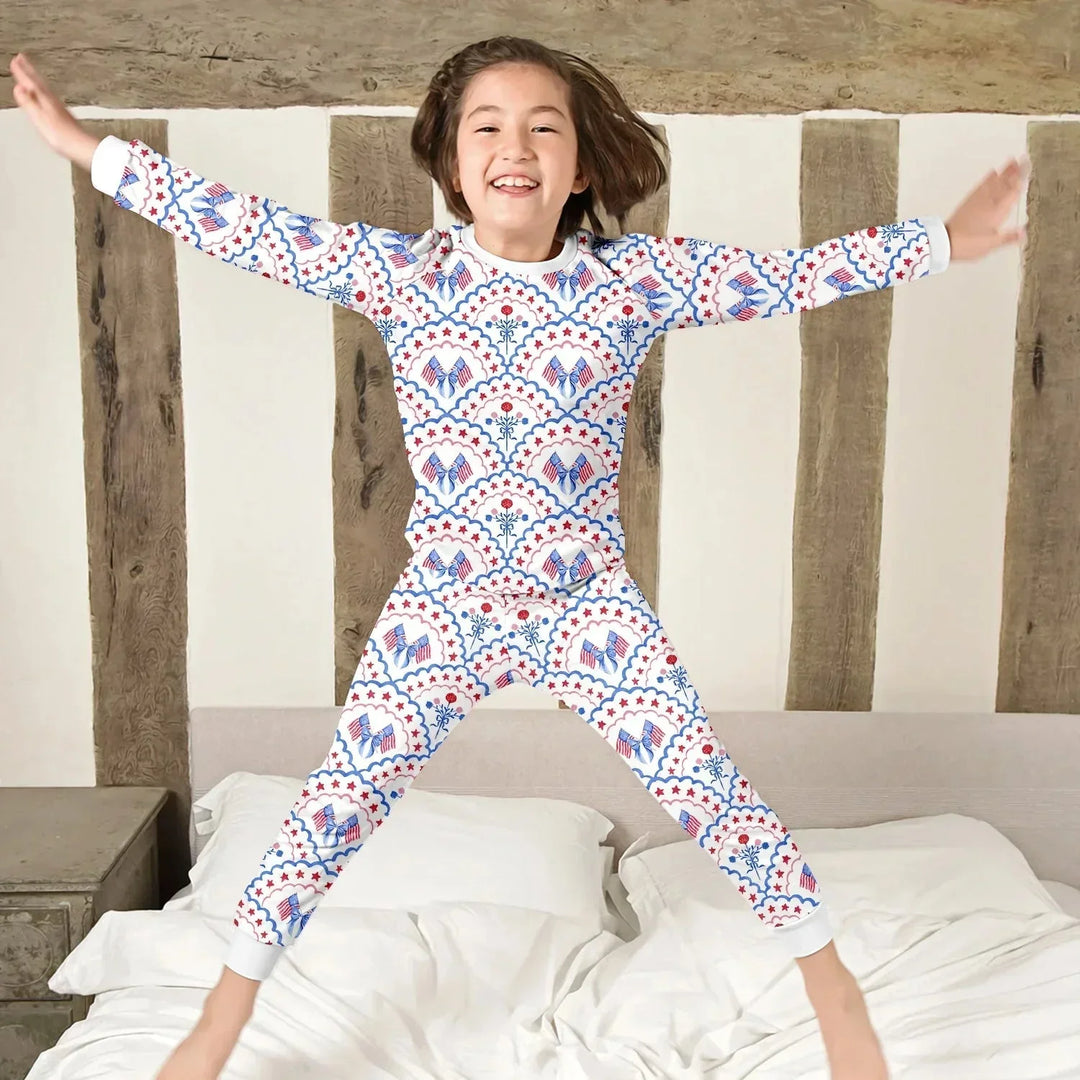 Red White and Blue Scalloped Two Piece Long Sleeve Pajama Set , Red White and Blue Scalloped Two Piece Long Sleeve Pajama Set - 12-18M