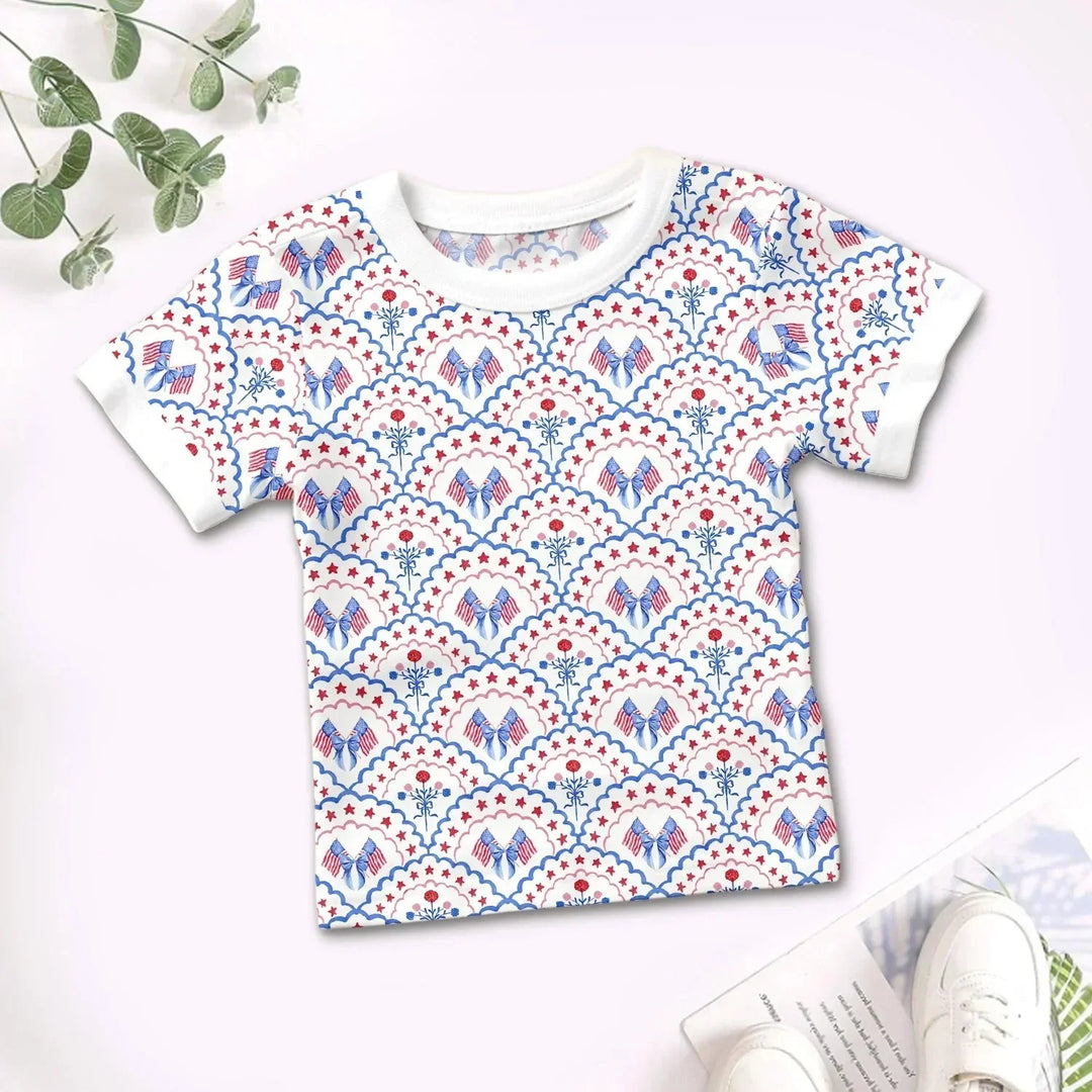 Red White and Blue Scalloped Two Piece Short Sleeve Shorts Pajama Set , Red White and Blue Scalloped Two Piece Short Sleeve Shorts Pajama Set - 12-18M