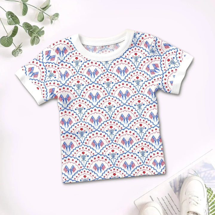 Red White and Blue Scalloped Two Piece Short Sleeve Shorts Pajama Set , Red White and Blue Scalloped Two Piece Short Sleeve Shorts Pajama Set - 12-18M