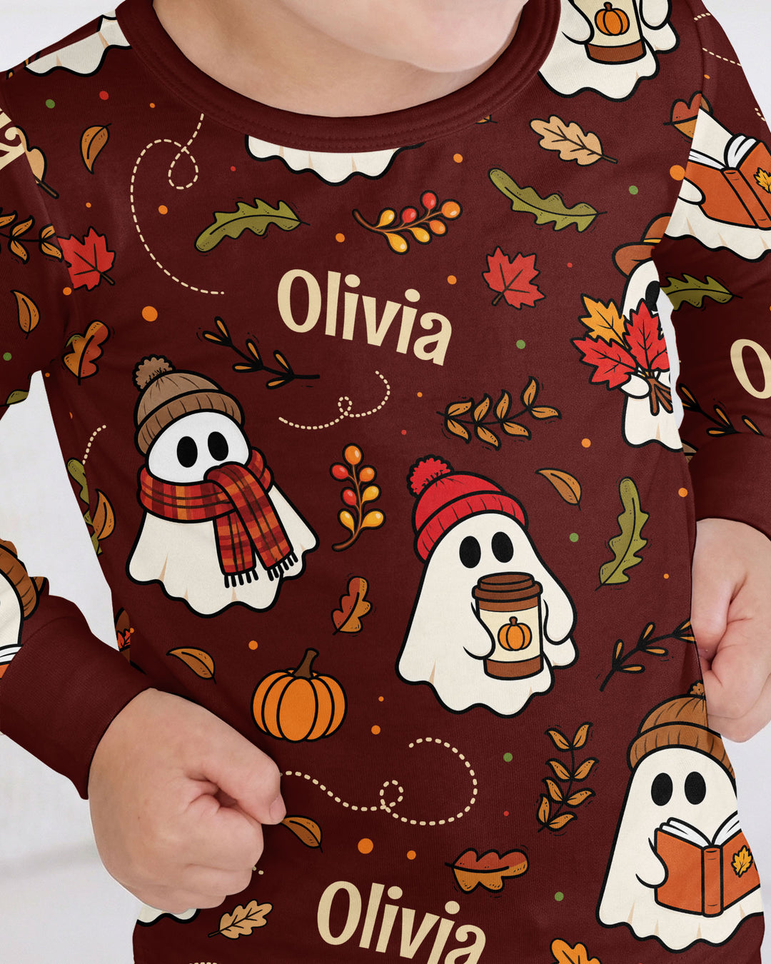 Cute Pumpkin Fall Ghost Boo Bamboo Two Piece Long Sleeve Pajama Set