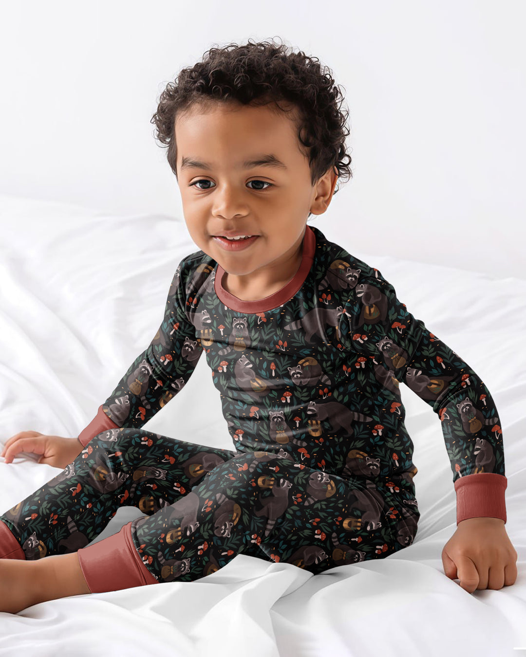Raccoon And Whimsical Mushroom Bamboo Two Piece Long Sleeve Pajama Set