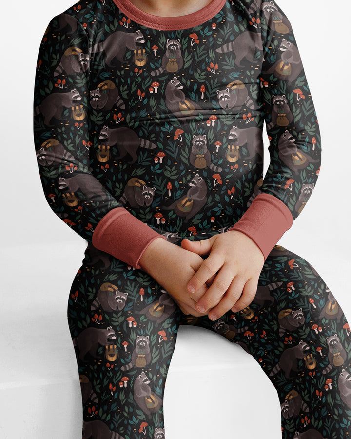 Raccoon And Whimsical Mushroom Bamboo Two Piece Long Sleeve Pajama Set