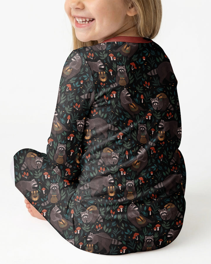 Raccoon And Whimsical Mushroom Bamboo Two Piece Long Sleeve Pajama Set