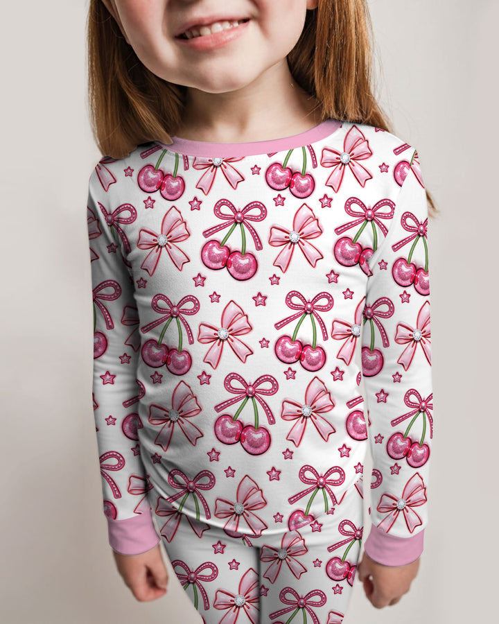 Pink Glitter Cherry Bows Bamboo Two Piece Long Sleeve Pajama Set
