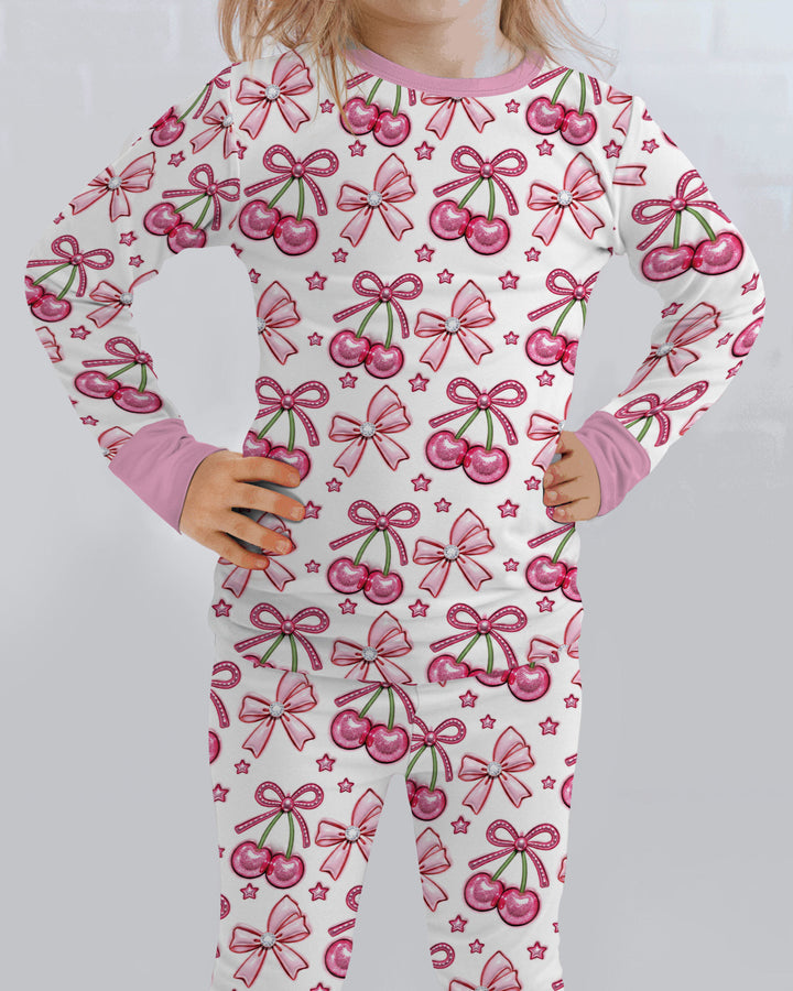 Pink Glitter Cherry Bows Bamboo Two Piece Long Sleeve Pajama Set