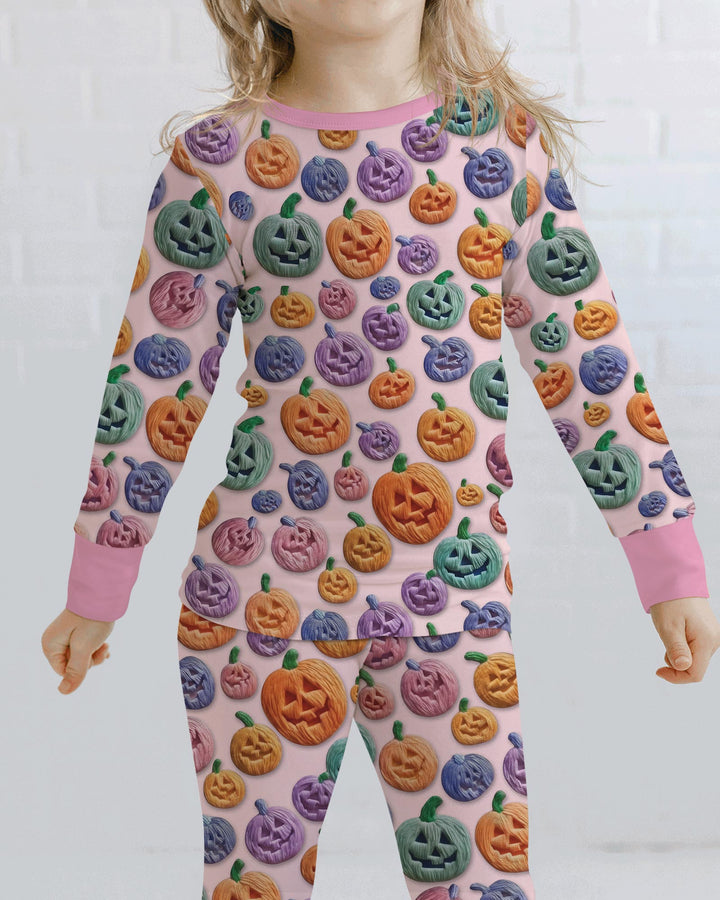 Happy Halloween Pastel Jack O Lanterns Bamboo Two Piece Long Sleeve Pajama Set