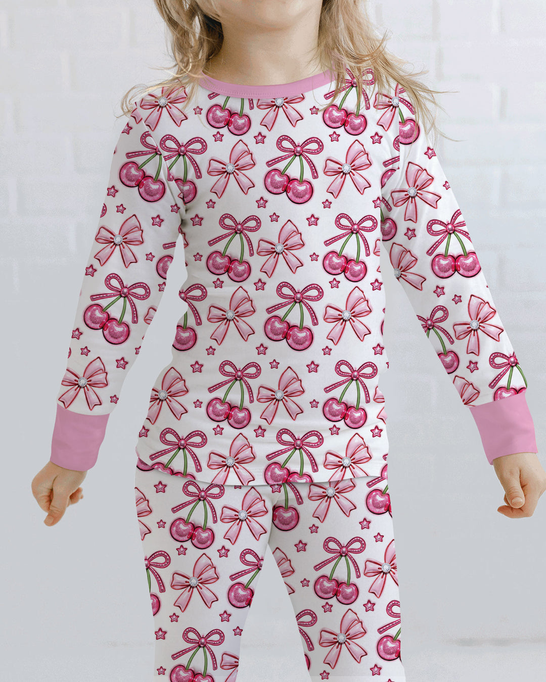 Pink Glitter Cherry Bows Bamboo Two Piece Long Sleeve Pajama Set