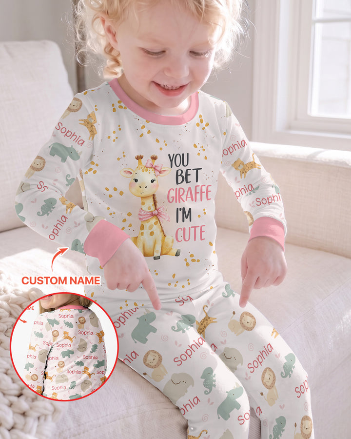 You Bet Giraffe I'm Cute Custom Name Bamboo Two Piece Long Sleeve Pajama Set