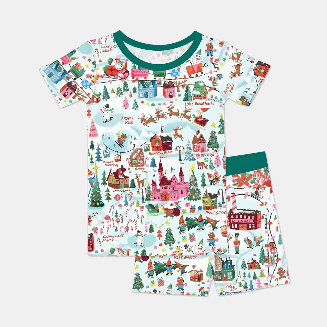 Santa's City Maps Two Piece Short Sleeve Shorts Pajama Set , Santa's City Maps Two Piece Short Sleeve Shorts Pajama Set - 12-18M / Green