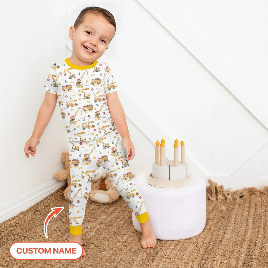 Santa's Little Builders Custom Name Two Piece Short Sleeve Pajama Set , Santa's Little Builders Custom Name Two Piece Short Sleeve Pajama Set - 12-18M