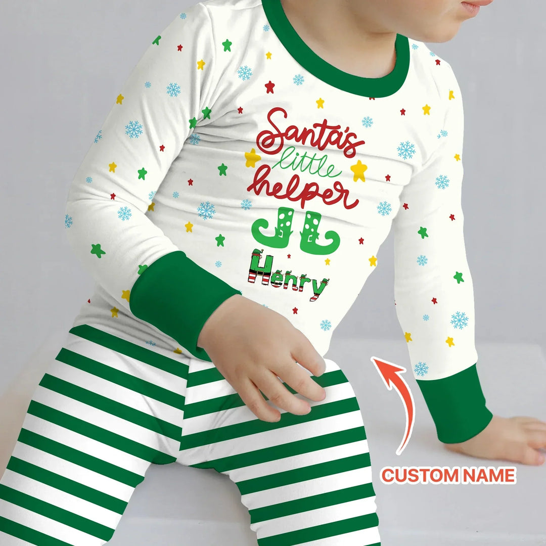 Santa's Little Helper Custom Name Two Piece Long Sleeve Pajama Set , Santa's Little Helper Custom Name Two Piece Long Sleeve Pajama Set - 12-18M