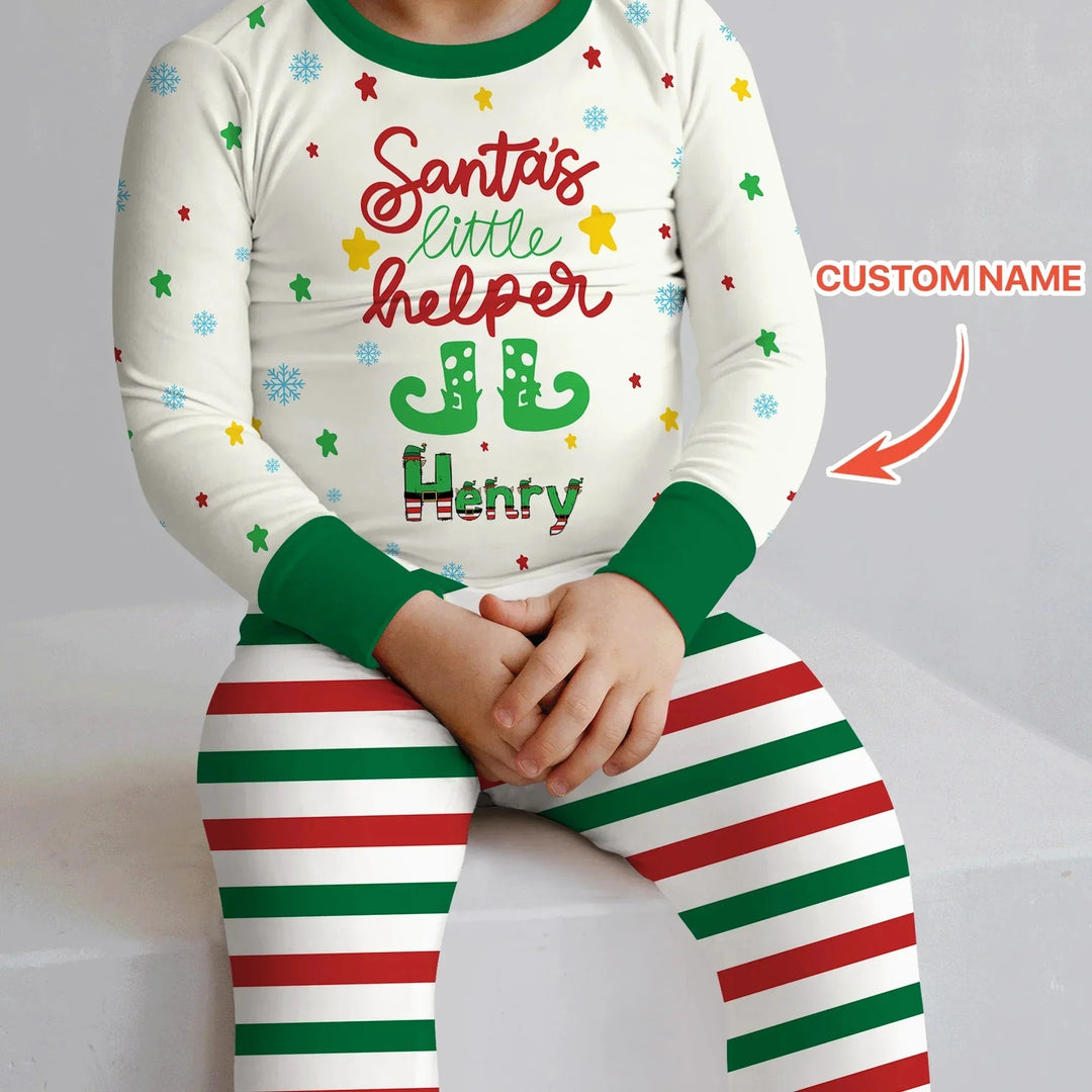 Santa's Little Helper Custom Name Two Piece Long Sleeve Pajama Set , Santa's Little Helper Custom Name Two Piece Long Sleeve Pajama Set - 12-18M