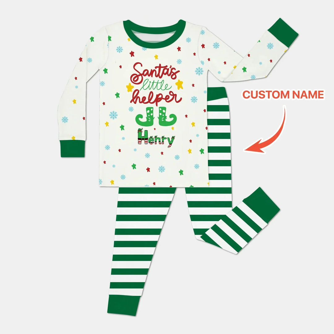 Santa's Little Helper Custom Name Two Piece Long Sleeve Pajama Set , Santa's Little Helper Custom Name Two Piece Long Sleeve Pajama Set - 12-18M