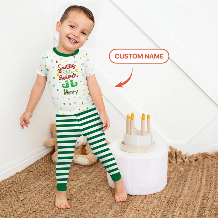 Santa's Little Helper Custom Name Two Piece Short Sleeve Pajama Set , Santa's Little Helper Custom Name Two Piece Short Sleeve Pajama Set - 12-18M