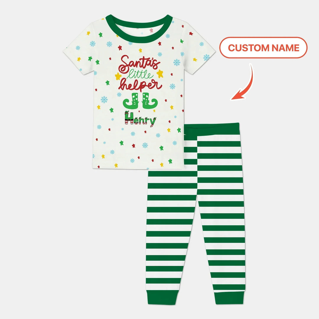 Santa's Little Helper Custom Name Two Piece Short Sleeve Pajama Set , Santa's Little Helper Custom Name Two Piece Short Sleeve Pajama Set - 12-18M